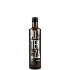 Garrafa de vidro escuro com rótulo moderno em preto e detalhes vermelhos do Azeite Potenza Blend Intenso.