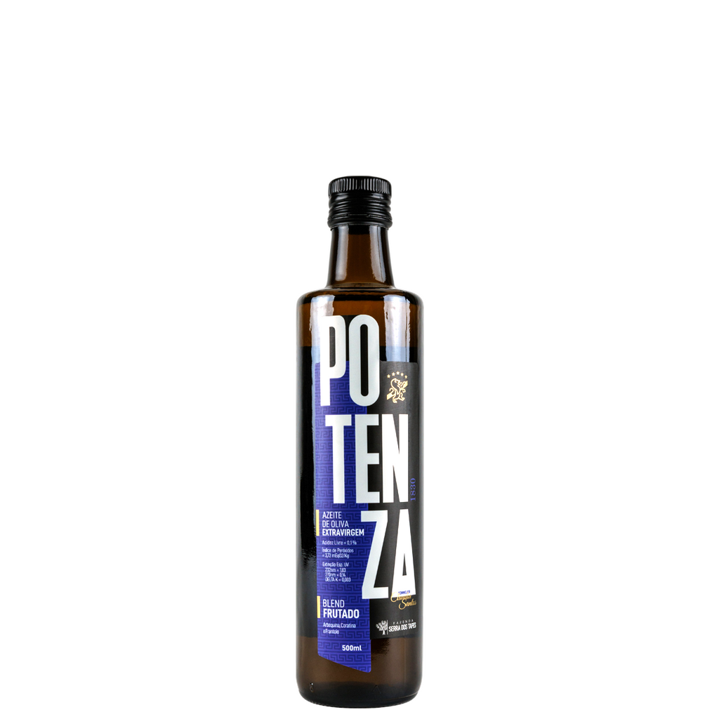 Garrafa de vidro escuro com rótulo moderno em preto e detalhes azuis do Azeite Potenza Blend Frutado.
