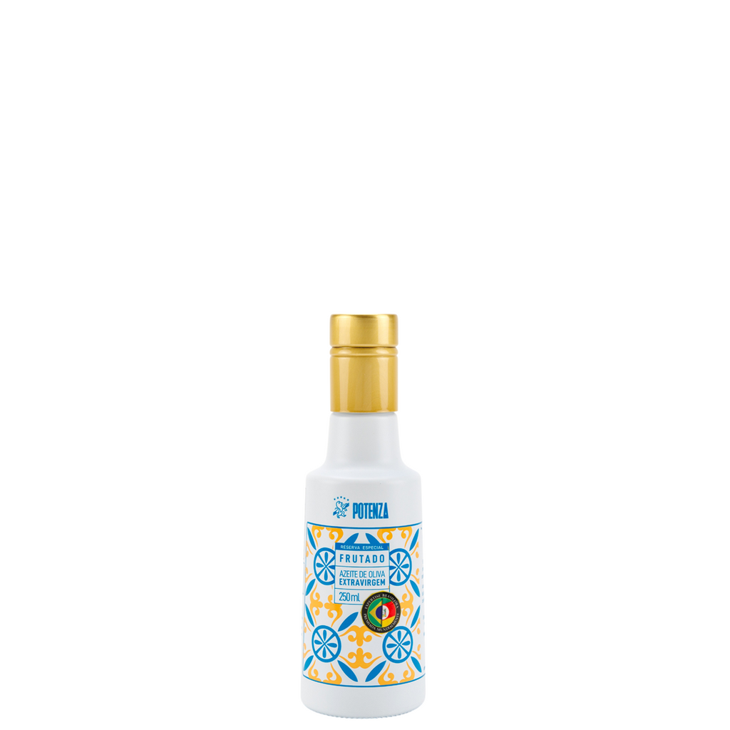 Garrafa branca de 250ml com tampa dourada e rótulo estampado com mosaicos em tons de azul e amarelo do Azeite Potenza Reserva Especial Frutado.