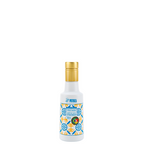 Garrafa branca de 250ml com tampa dourada e rótulo estampado com mosaicos em tons de azul e amarelo do Azeite Potenza Reserva Especial Frutado.
