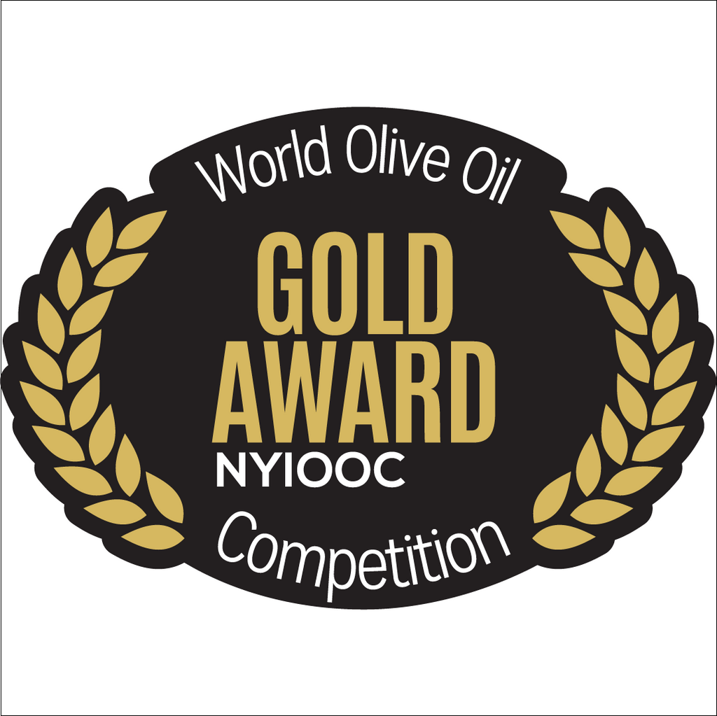 Selo preto e dourado indicando o cobiçado prêmio Gold Award no concurso mundial NYIOOC para o Azeite Potenza Blend Frutado.