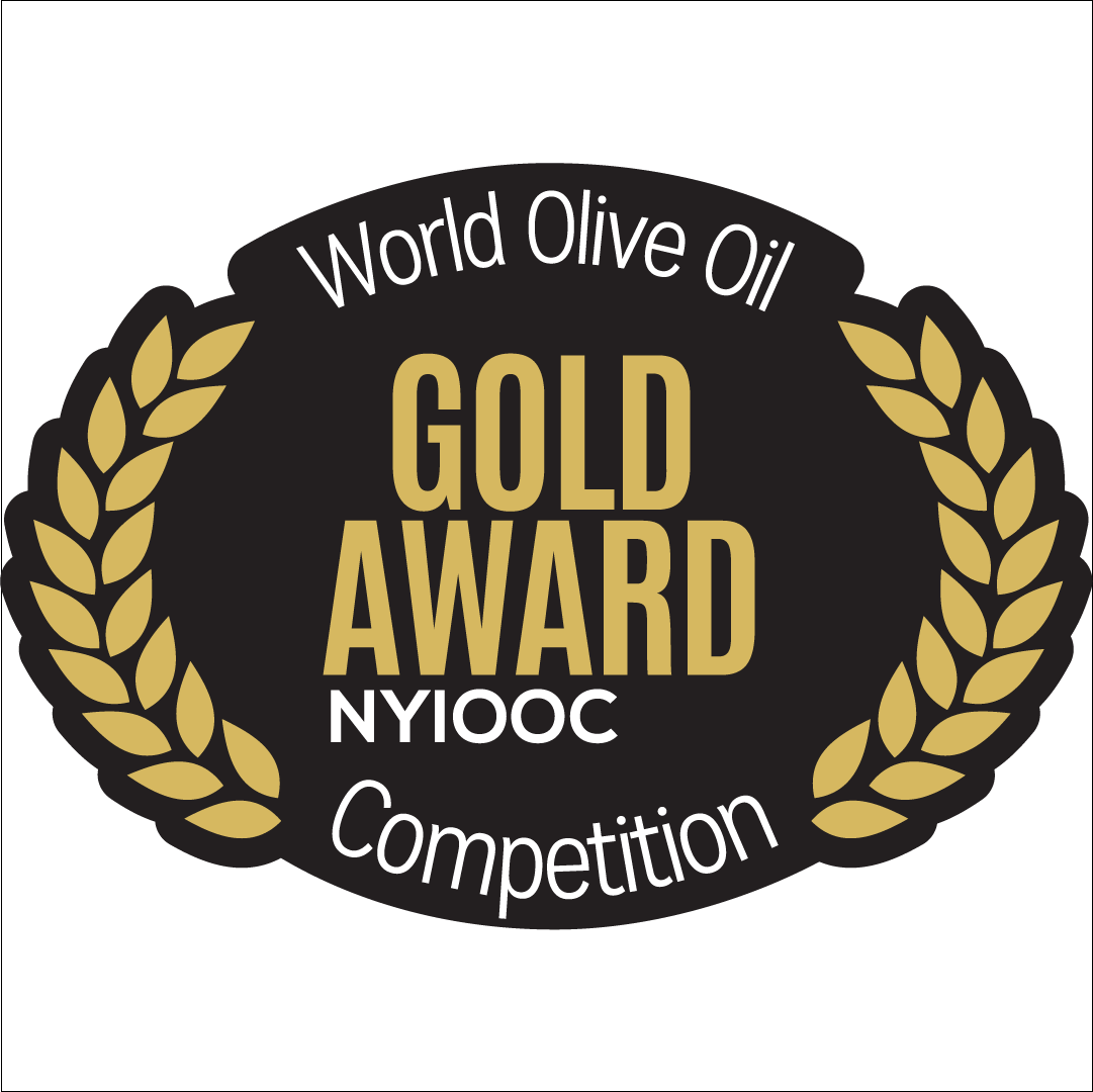 Selo preto e dourado indicando o cobiçado prêmio Gold Award no concurso mundial NYIOOC para o Azeite Potenza Blend Frutado.